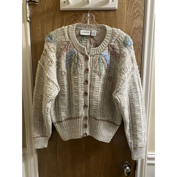 Liz Claiborne Sweaters - Vintage Liz Claiborne Hand Knit Wool Button-up Sweater Pastel Designs Grandma L